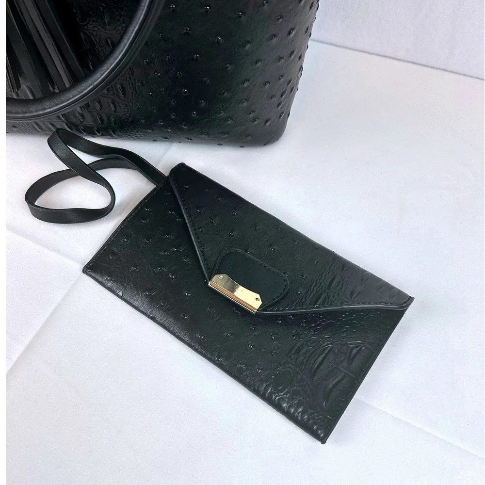 Black faux Ostrich/Croc Embossed Satchel Handbag w/ Tassel &‎ Matching Pouch Set